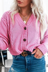 Pink Chunky Knit Button Up Crop Cardigan - Elly-Cardigans