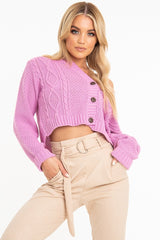 Pink Chunky Knit Button Up Crop Cardigan - Elly-Cardigans
