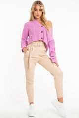 Pink Chunky Knit Button Up Crop Cardigan - Elly-Cardigans