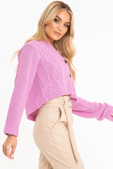 Pink Chunky Knit Button Up Crop Cardigan - Elly-Cardigans