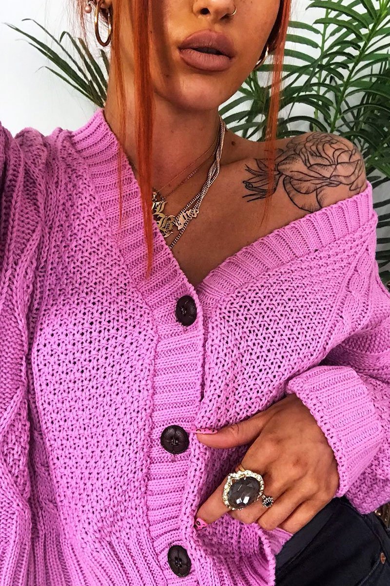 Pink Chunky Knit Button Up Crop Cardigan - Elly-Cardigans