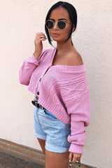 Pink Chunky Knit Button Up Crop Cardigan - Elly-Cardigans