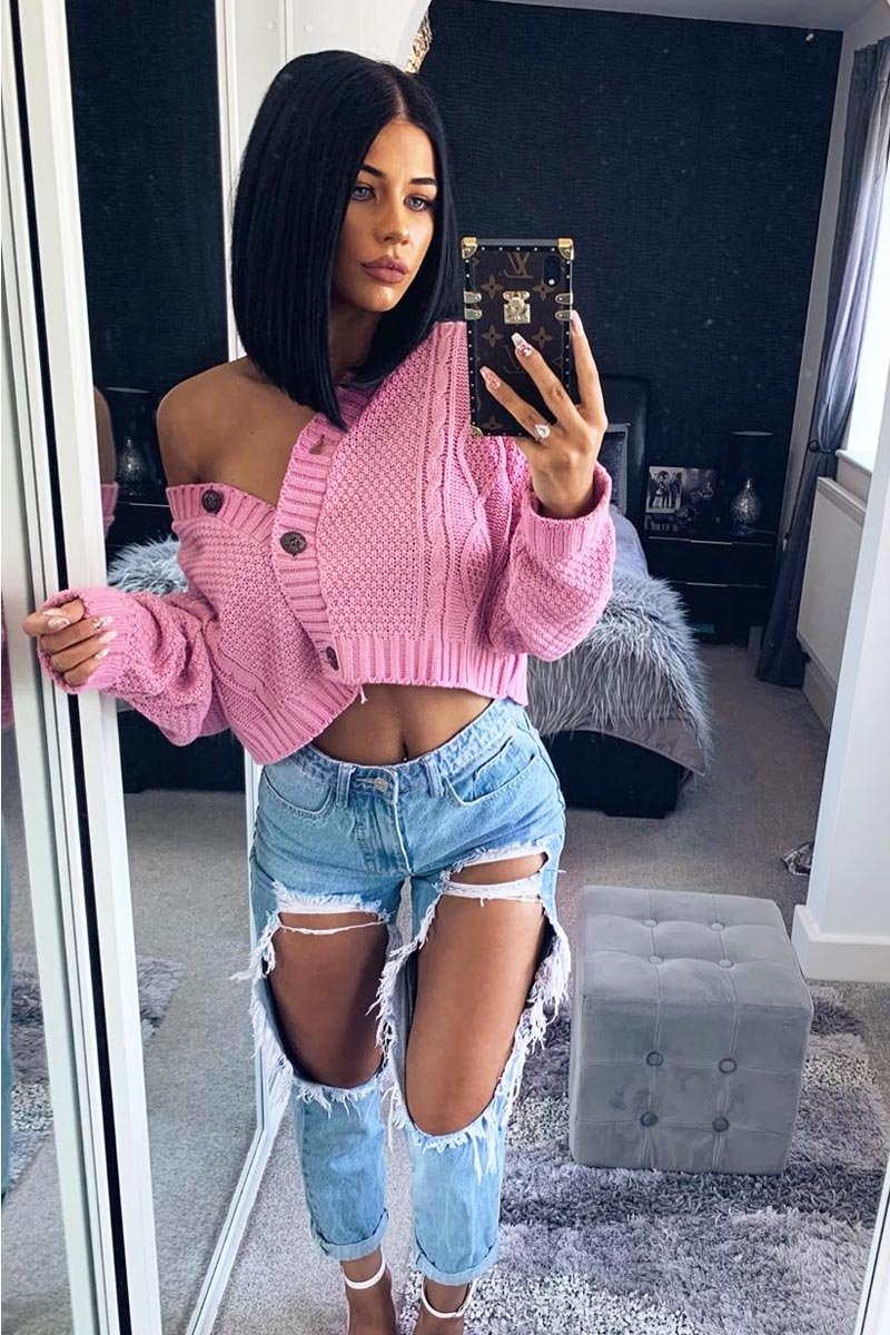 Pink Chunky Knit Button Up Crop Cardigan - Elly-Cardigans