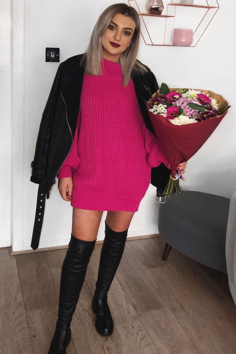 pink knitted jumper dress Long Balloon Sleeve Jumper Dress In Light Pink Cable Knit | EGO US