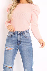 Pink Chunky Knit Puff Sleeve Jumper - Hannahmae-Jumper