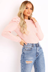 Pink Chunky Knit Puff Sleeve Jumper - Hannahmae-Jumper