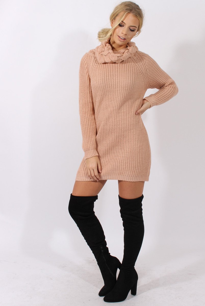 Pink Chunky Turtleneck Knit Jumper Dress - Cloe-Jumper