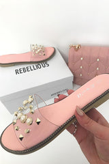 Pink Clear Clear Studded Sliders -Athira-Sliders