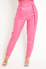 Pink Coated Belted Tapered Trousers - Reyna-Trousers