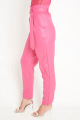 Pink Coated Belted Tapered Trousers - Reyna-Trousers