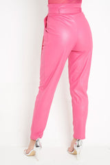 Pink Coated Belted Tapered Trousers - Reyna-Trousers
