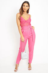 Pink Coated Belted Tapered Trousers - Reyna-Trousers