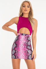 Pink Coated Snake Print Bodycon Mini Skirt - Gigi-Skirts