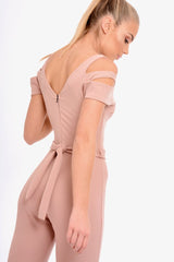 Pink Cold Shoulder Cut Out Jumpsuit - Pria-Jumpsuits