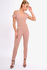 Pink Cold Shoulder Cut Out Jumpsuit - Pria-Jumpsuits
