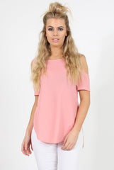 Pink Cold Shoulder Dipped Hem Top - Kay-Tops