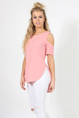 Pink Cold Shoulder Dipped Hem Top - Kay-Tops