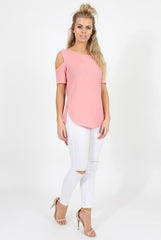 Pink Cold Shoulder Dipped Hem Top - Kay-Tops