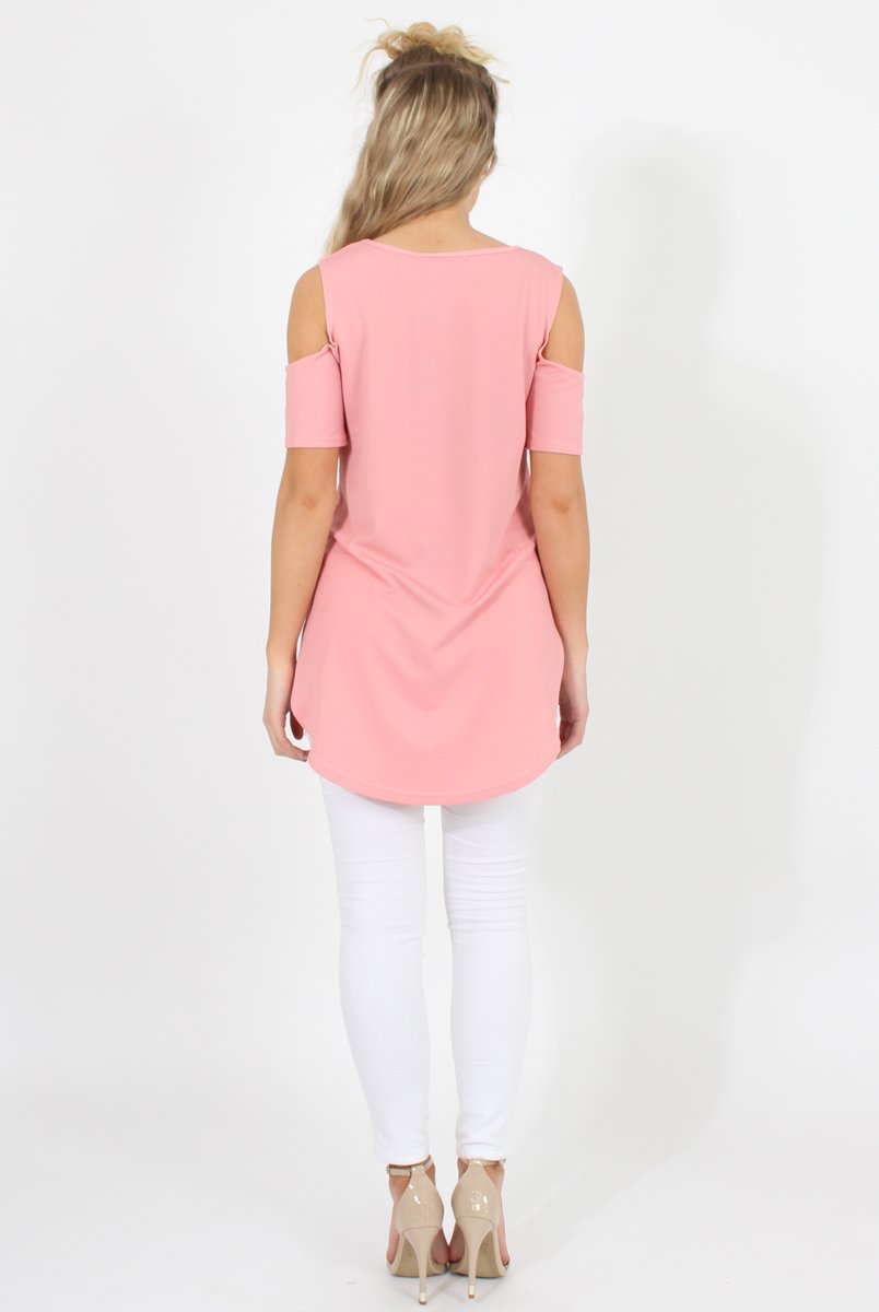 Pink Cold Shoulder Dipped Hem Top - Kay-Tops