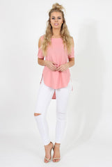 Pink Cold Shoulder Dipped Hem Top - Kay-Tops