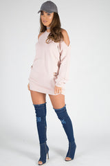 Pink Cold Shoulder Distressed Jumper Dress - Kylie-Jumper