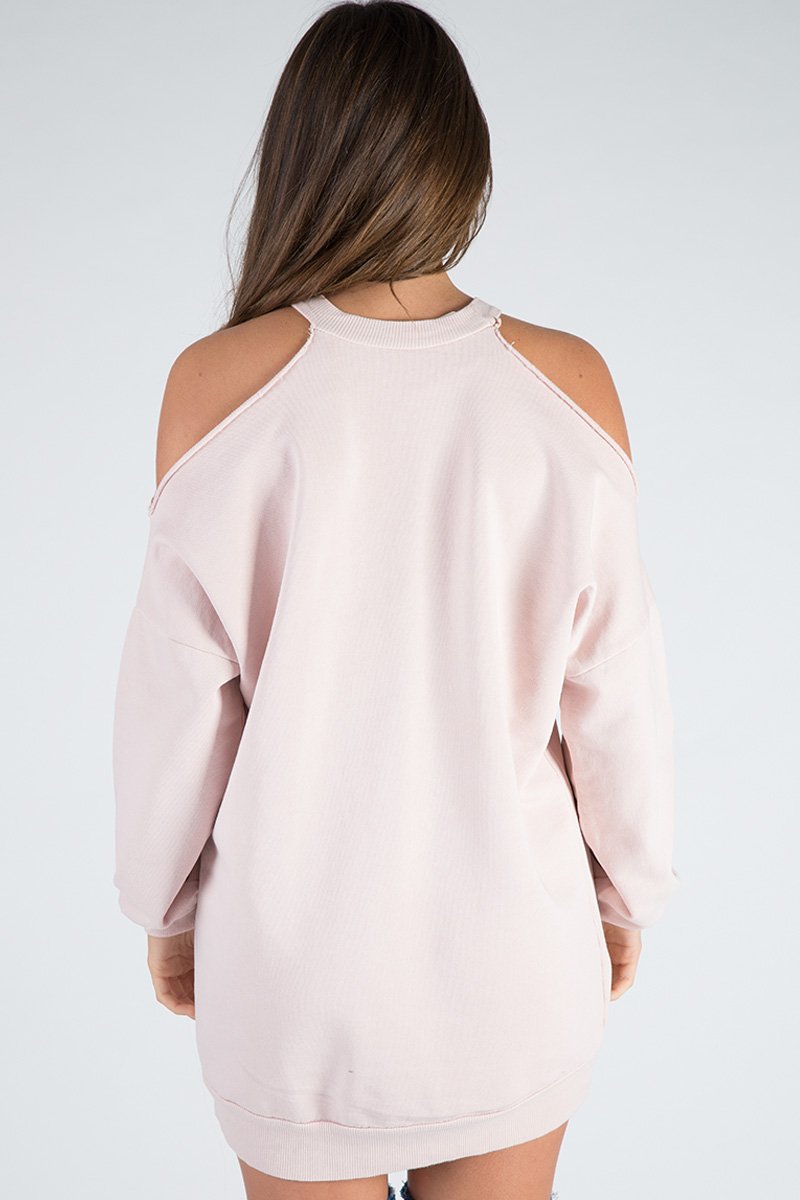 Pink Cold Shoulder Distressed Jumper Dress - Kylie-Jumper