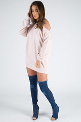 Pink Cold Shoulder Distressed Jumper Dress - Kylie-Jumper