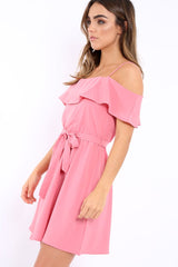 Pink Cold Shoulder Frill Tie Waist Dress - Selah-Dresses