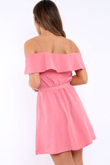Pink Cold Shoulder Frill Tie Waist Dress - Selah-Dresses