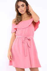 Pink Cold Shoulder Frill Tie Waist Dress - Selah-Dresses