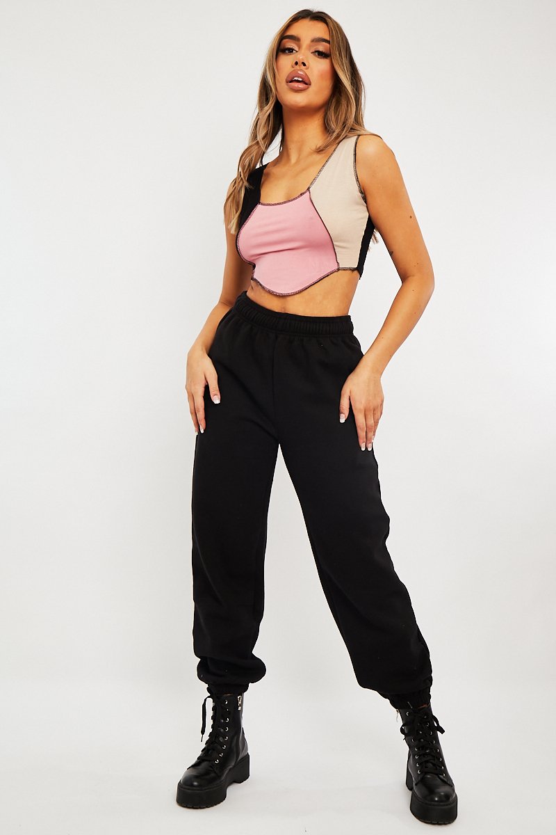 Pink Colour Block Exposed Seam Crop Top - Naloni-Crop Tops