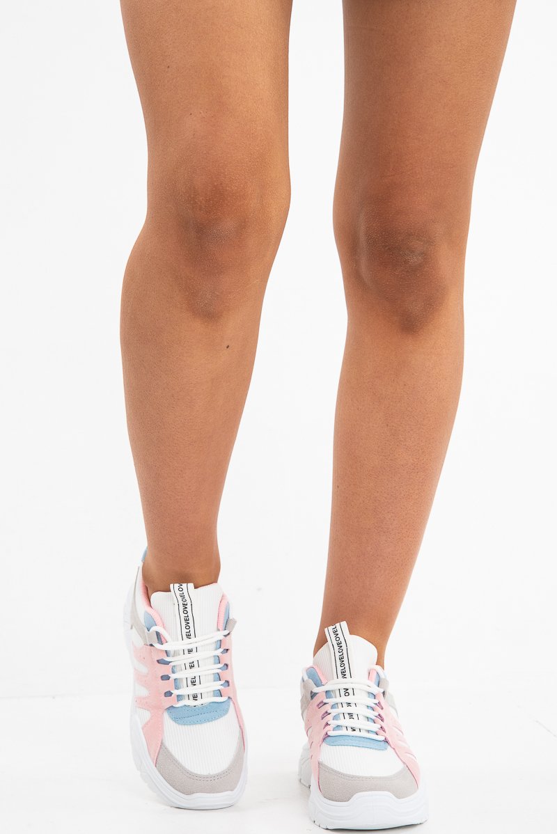 Pink Colour Block Slogan Tape Trainers - Jackelin-Trainers