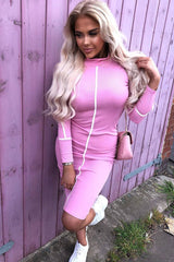 Pink Contrast Stripe Detail High Neck Midi Dress - Niana-Dresses