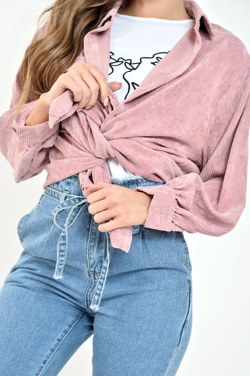 Pink Corduroy Button Front Long Sleeve Shirt - Falcon-Shirts