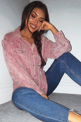 Pink Corduroy Button Front Long Sleeve Shirt - Falcon-Shirts