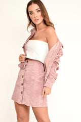 Pink Corduroy Button Front Mini Skirt - Elcie-Skirts