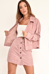Pink Corduroy Button Front Mini Skirt - Elcie-Skirts
