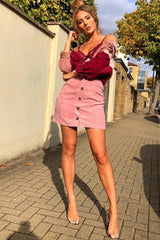 Pink Corduroy Button Front Mini Skirt - Elcie-Skirts