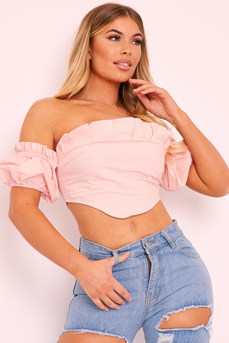 Pink Cotton Pleated Bandeau Crop Top - Galaxy-Crop Tops