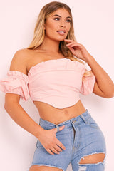 Pink Cotton Pleated Bandeau Crop Top - Galaxy-Crop Tops