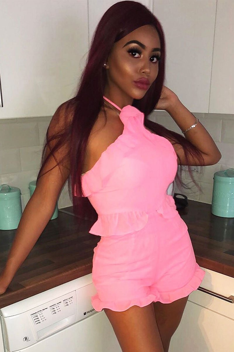 Pink Crepe Frill Playsuit - Luanna-Playsuits