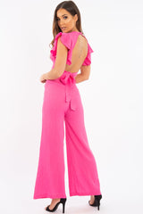 Pink Crepe Plunge Top Wide Leg Belted Trouser Co-ord - Veda-Co-ords