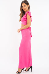 Pink Crepe Plunge Top Wide Leg Belted Trouser Co-ord - Veda-Co-ords
