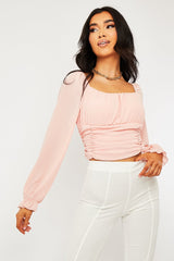 Pink Crepe Ruched Panel Crop Top - Laurie-Crop Tops
