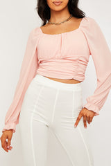 Pink Crepe Ruched Panel Crop Top - Laurie-Crop Tops