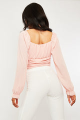 Pink Crepe Ruched Panel Crop Top - Laurie-Crop Tops