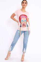 Pink Crew Neck Girls Face T Shirt with Tassels - Lenna-Tops
