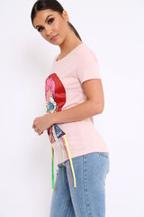 Pink Crew Neck Girls Face T Shirt with Tassels - Lenna-Tops