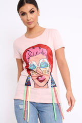 Pink Crew Neck Girls Face T Shirt with Tassels - Lenna-Tops