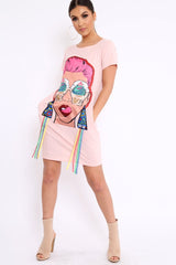 Pink Crew Neck Girls Face T-shirt Dress with Tassels - Sway-Dresses
